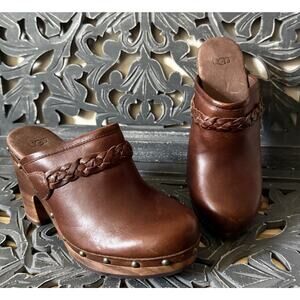 UGG Kaylee Leather Platform Clogs Brown Studded Wood Heel Braided Strap Size 7
